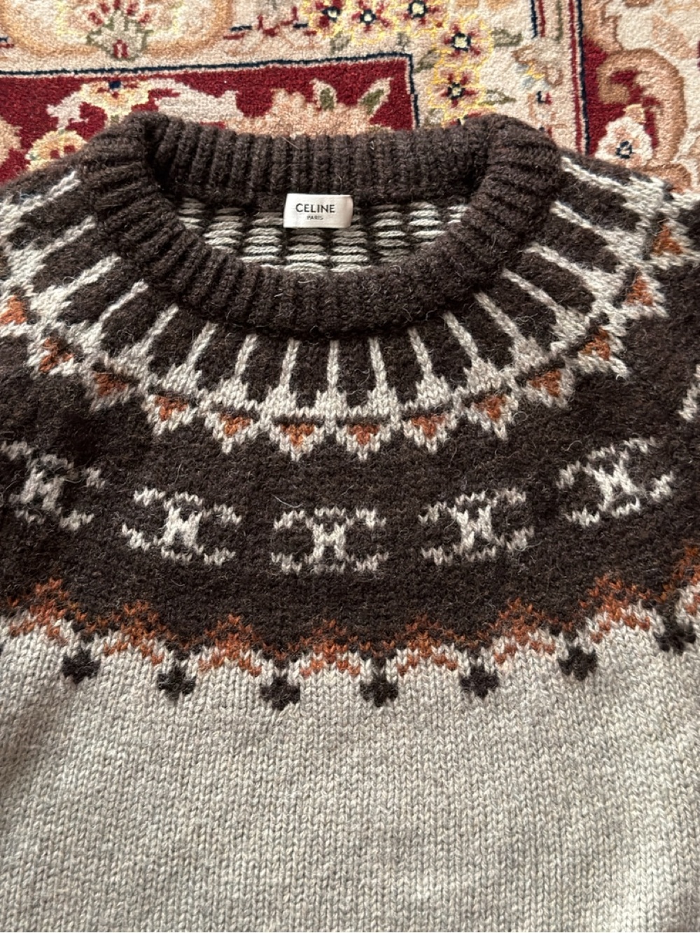 Celine Triomphe Fair Isle Crewneck Sweater in Brown, Cream & Rust